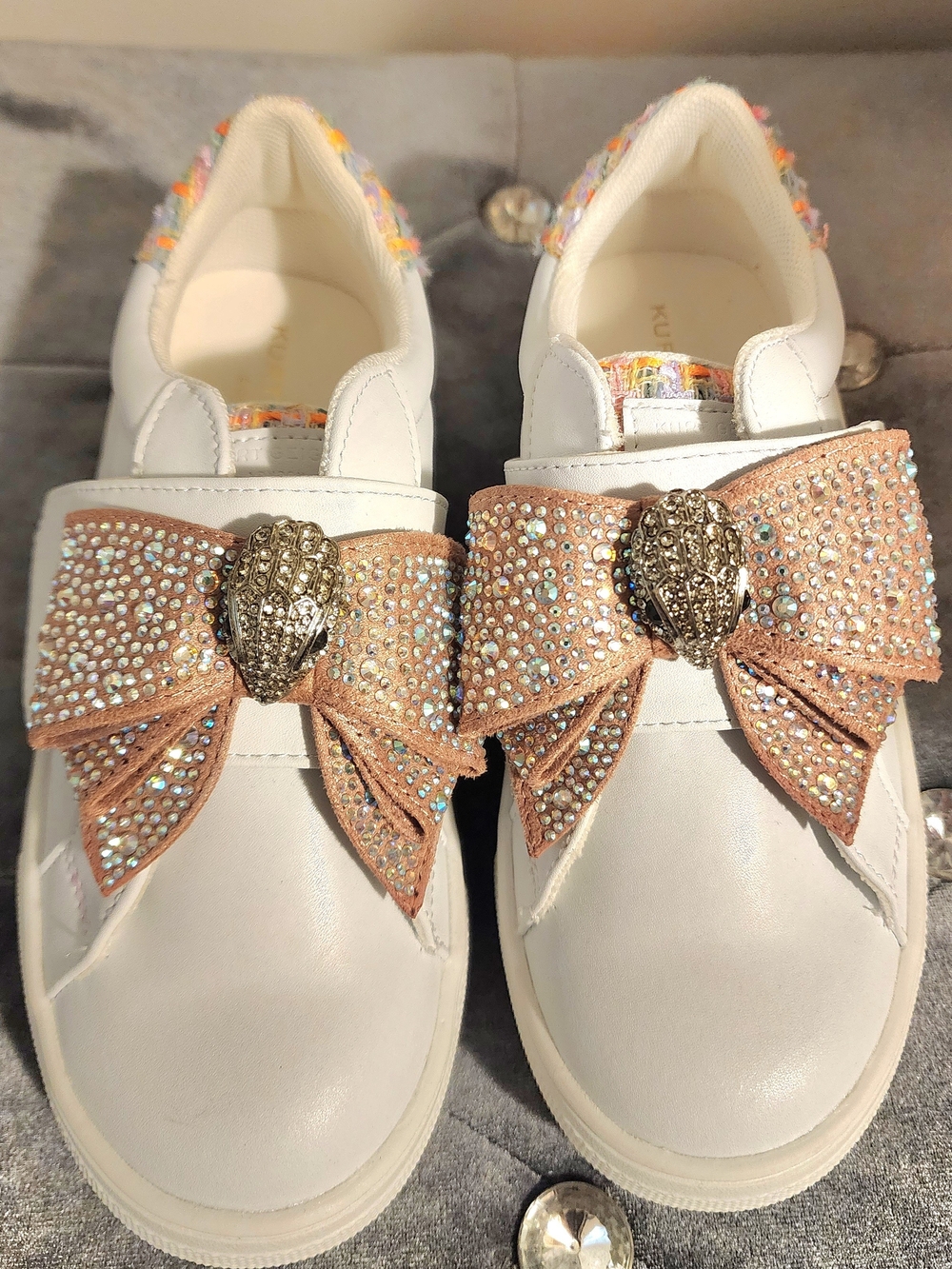 Kurt Geiger White Kids Slip-On Sneakers with Sparkling Rose Gold Bow